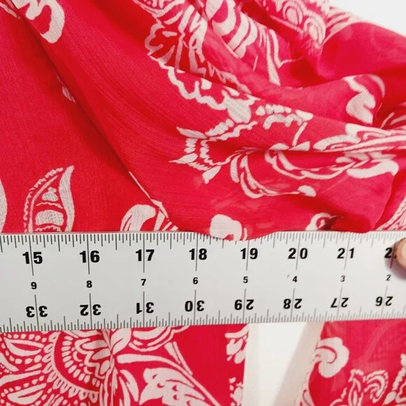 Evereve, M Red and White Print Blouse, Long Sleeve, Tie V Neck Small Ruffle Trim - Picture 11 of 16